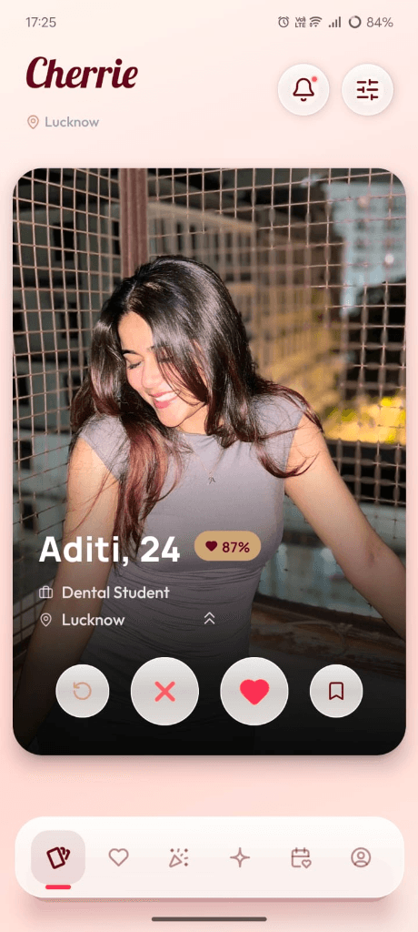 Cherry Dating App Match Interface for Verified Professionals in Lucknow & Bangalore